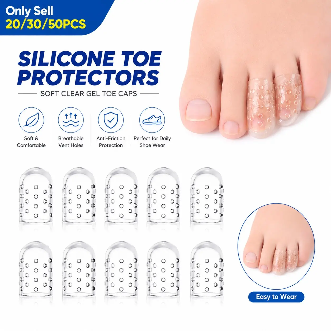 20/30/50 Pcs Silicone Toe Protectors, Soft Clear Gel Toe Caps with Breathable Holes, Anti-Rub Toe Sleeves for Men and Women, Daily Walking, Running, Hiking and Shoe Wear