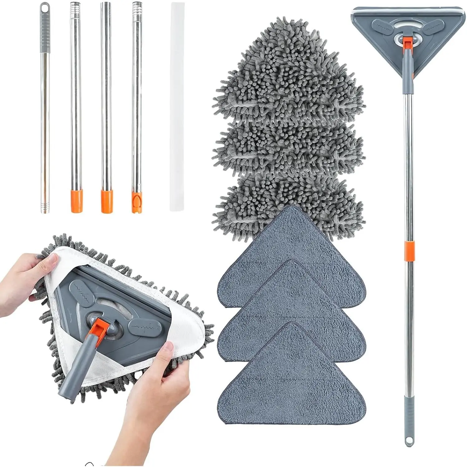 Long Handle Wall Mop & Baseboard Cleaner, Multi-Surface Wet/Dry Cleaning Tool with Adjustable Handle for Walls, Floors, Baseboards, Home & Kitchen Use