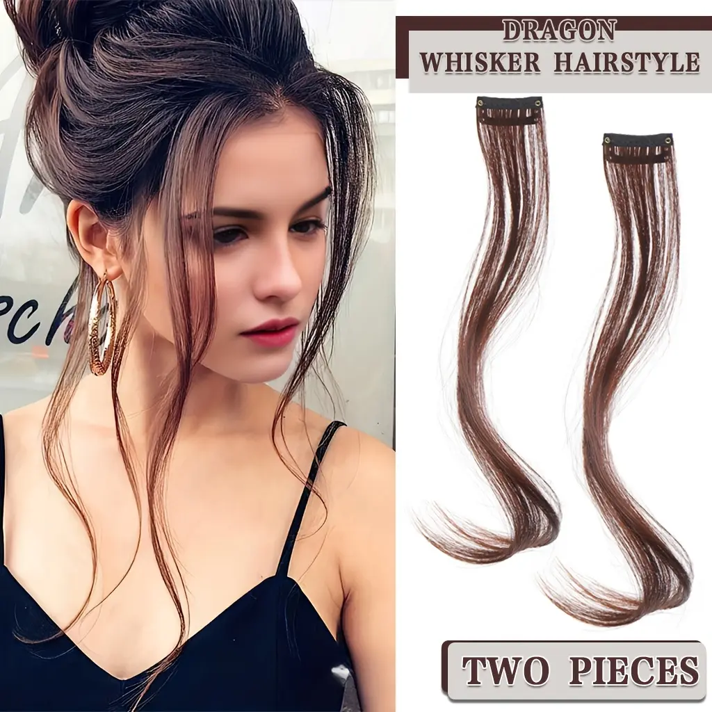 Women's Side Bangs 2pcs Set - Long Dragon Beard Fringe Extensions, Heat Resistant Synthetic Fiber, Clip-in Side Swept Bangs, Long Wavy Face-Framing Layers, Temples Hair Pieces for Daily Party Festival, Add Volume, Synthetic Hairpieces