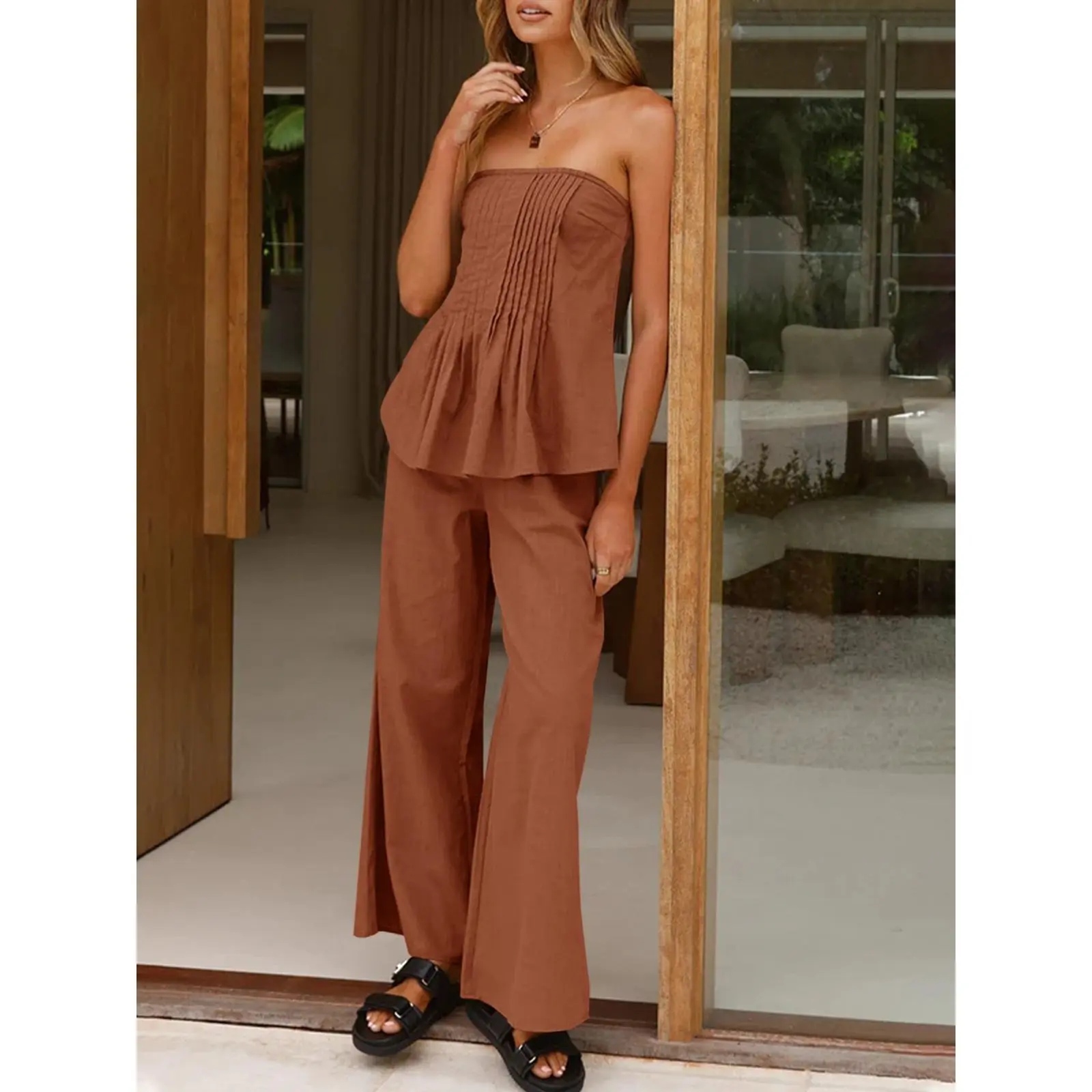 【NEW】TANKANEO Women's 2-Piece Matching Set - Off Shoulder Tube Top, Elastic Waist Straight Wide Leg Pants, Lightweight Polyester Casual Women's Set for Beach Lounge