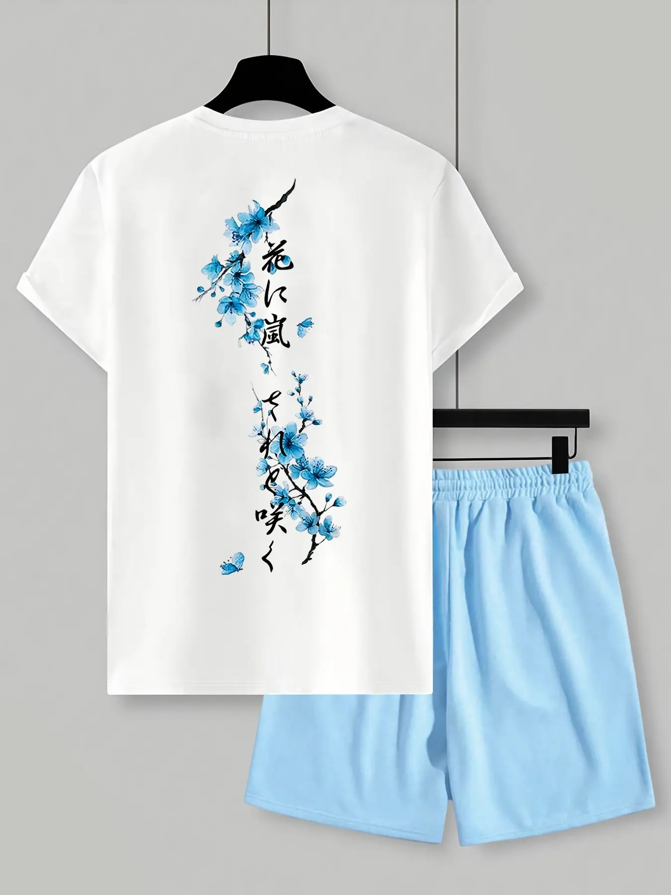 Men's Japanese Style Floral Print Round Neck T-Shirt, Casual Fitted Top, Outdoor Sports Drawstring Shorts, Daily Wear Set, Graphic