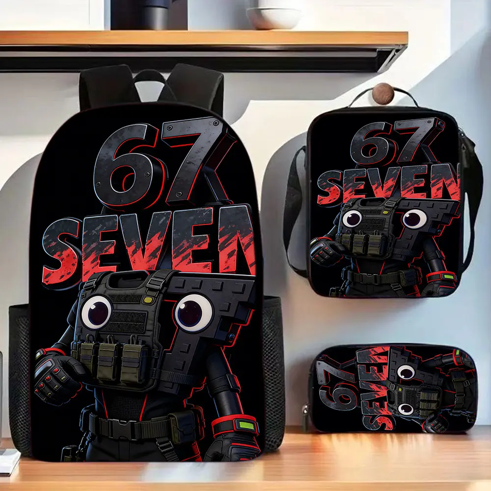 3-Piece Boys Water Resistant Backpack Set, 67 Seven Tactical Robot Big Eyes Red Neon Street Text Black Background Print School Kit Backpack Lunch Bag Pencil Case 600D Oxford for Teen Game Fan Daily Use