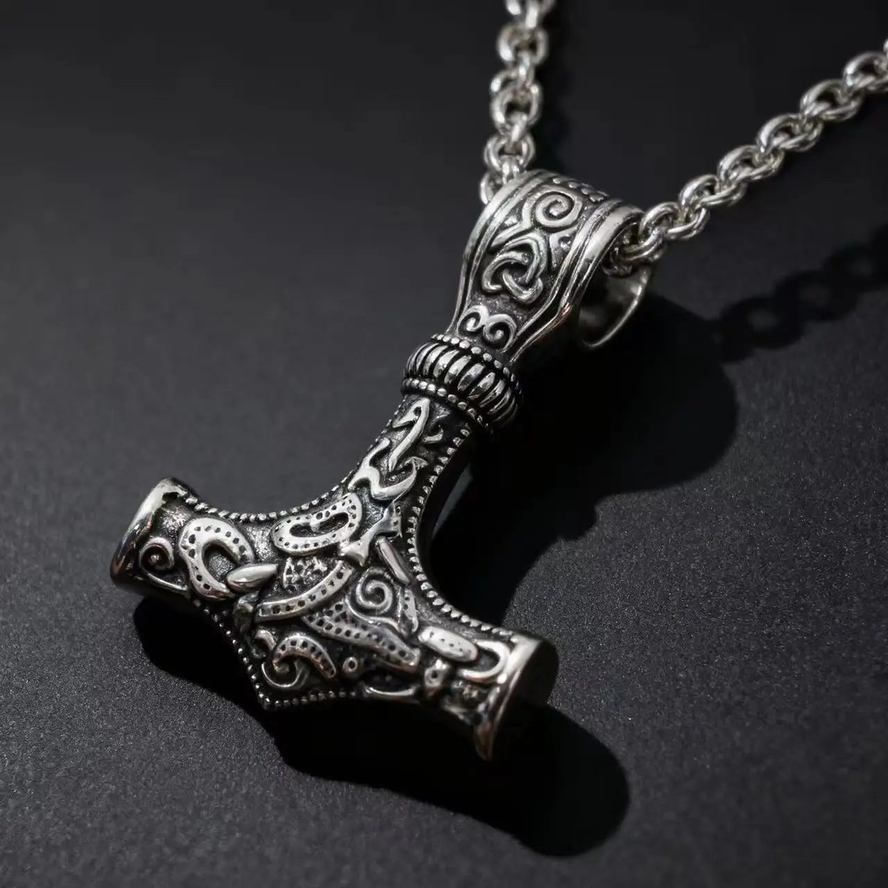 Men's HNSP Nordic Odin Mjolnir 316L Stainless Steel Pendant Necklace, Vintage Runes Thor Hammer Chain Jewelry Necklaces, Fashion Costume Accessory