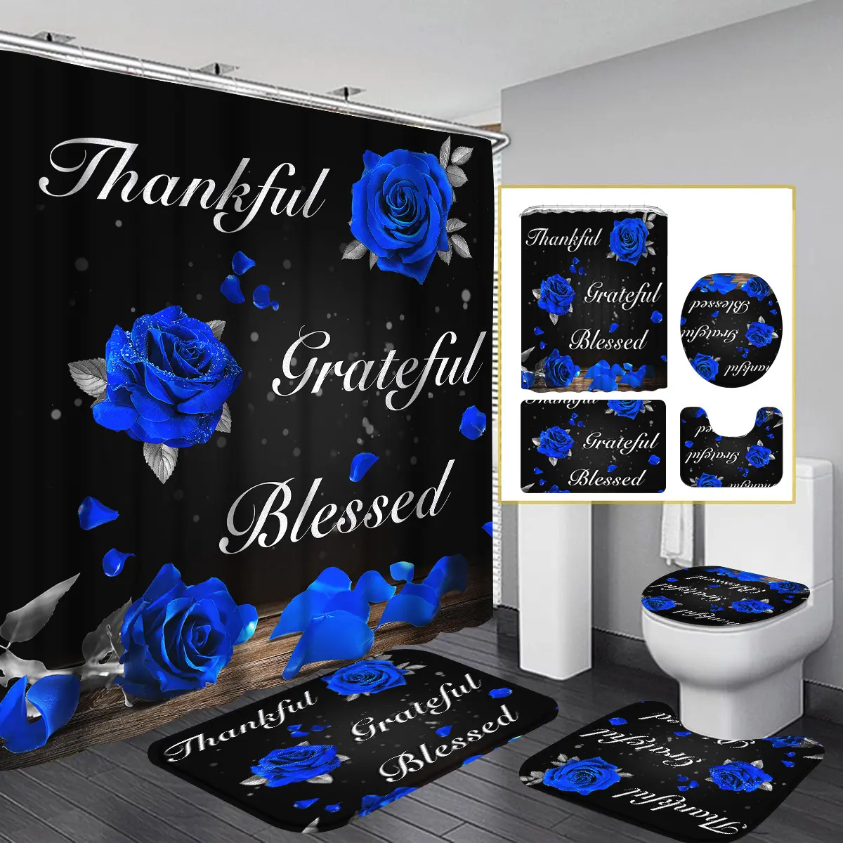 4-Piece Valentine's Day Royal Blue Rose Shower Curtain Set, Gratitude · Gratitude · Mengfu Bathroom Full Set with Non-Slip Floor Mats, Toilet Cover and Bathroom Mats, Elegant Floral Shower Curtain with 12 Hooks