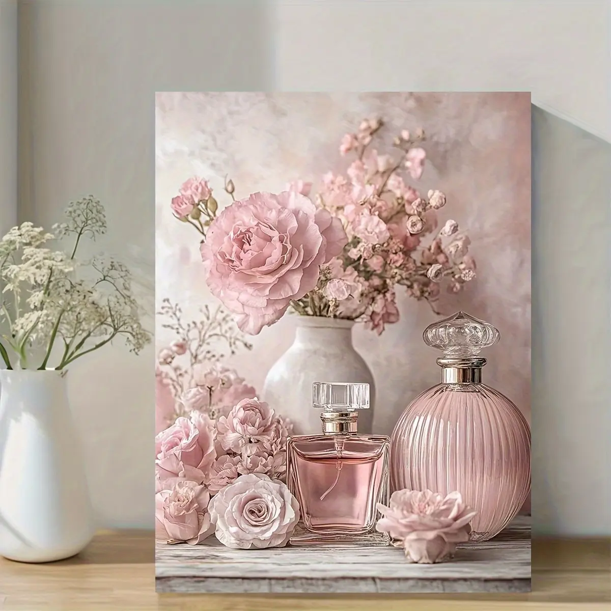 Soft Pastel Floral Perfume Bottle Wall Art, Cottagecore Decor to Elevate Your Bedroom & Home Office，Chic 2D Flat Wall Decor, Antique Perfume Bottles & Soft Pink Roses Art Print, Romantic Cottagecore Home Artwork