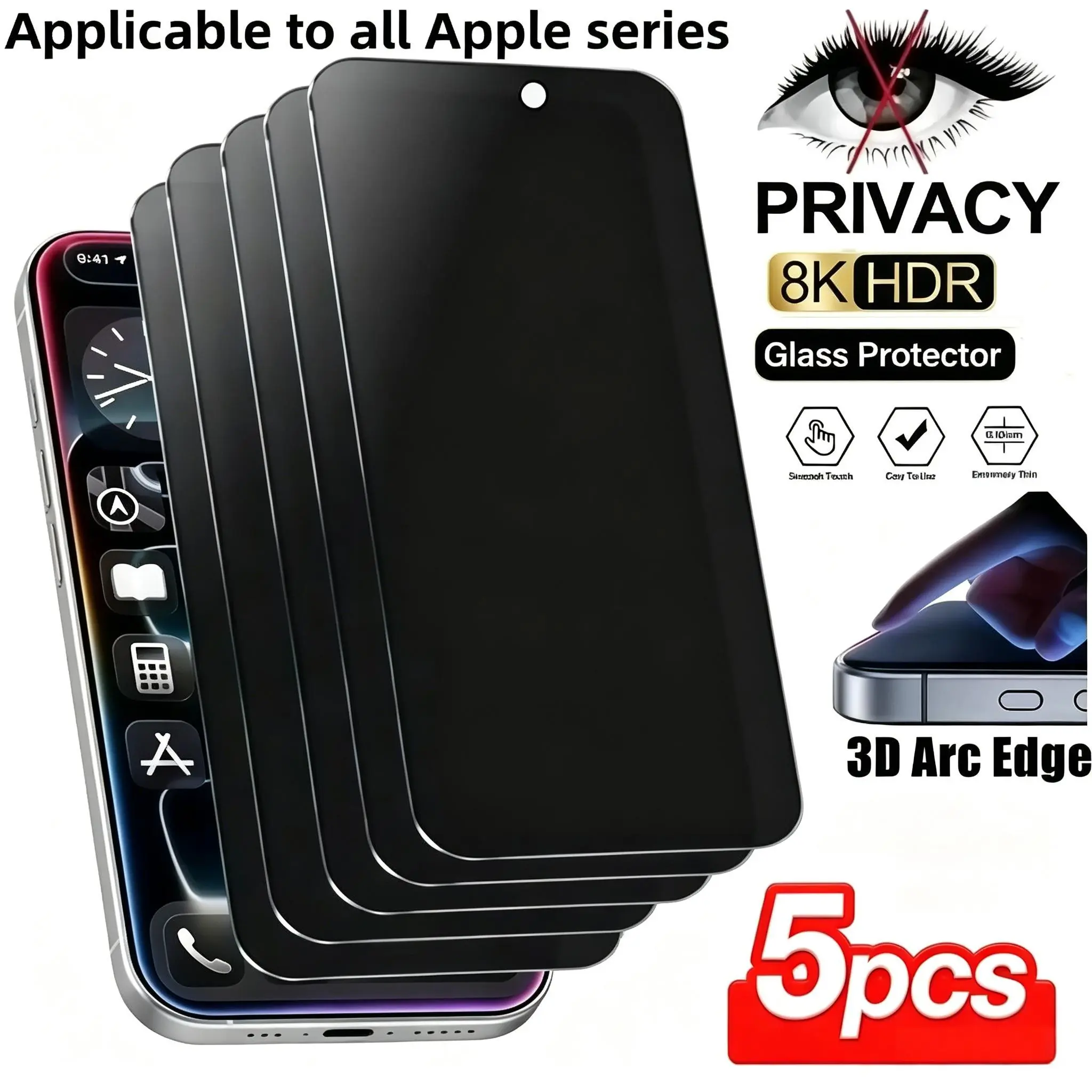 5pcs Anti-Peep Privacy Tempered Glass Screen Protector, Privacy Screen Guard for iPhone 11/12/13/14/15/16/Pro/Pro Max/16Plus/iPhone Air Series, Anti-Fingerprint, Anti-Reflective, Anti-Shatter, Smooth Touch Surface, Cellphone Accessories Protection