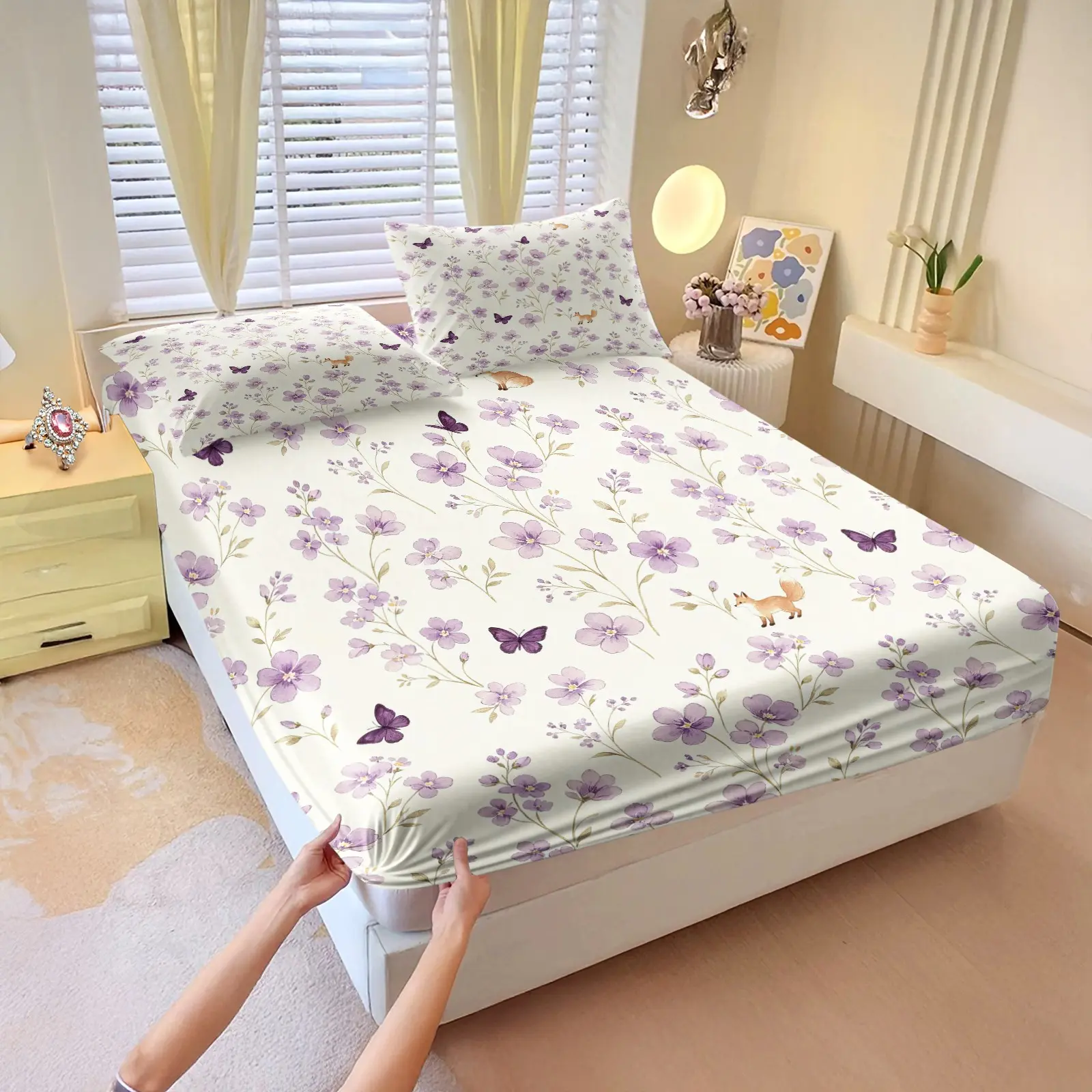 3Pcs Soft Pastel Floral & Forest Small Animal Print Fitted Sheet Set, Printed Bedding Set, Trendy Print Machine Washable, Smooth Comfortable Easy Care, Decor For Homestay Apartment, Perfect Gift For Birthday And Holiday