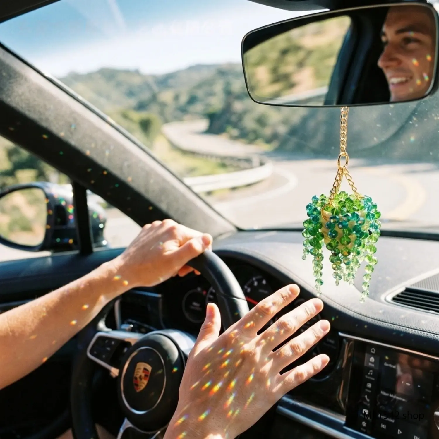 Beaded Plant Car Charm Crystal Succulent Rearview Mirror Hanging Ornament Handmade Sun Catcher Vehicle Interior Accessories Gift for Women
