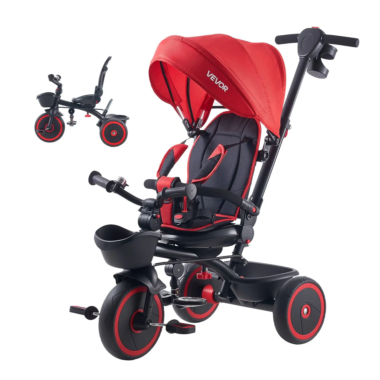 【Summerfinds】VEVOR B72-J1 6-in-1 Mode Toddler Tricycle-Pushchair, EVA Lightweight Carbon Steel Adjustable Stroller for 2-5 Years, with Height-Adjustable Handlebar, Canopy, Seat, Storage, Brakes, Red/Black Birthday Toy