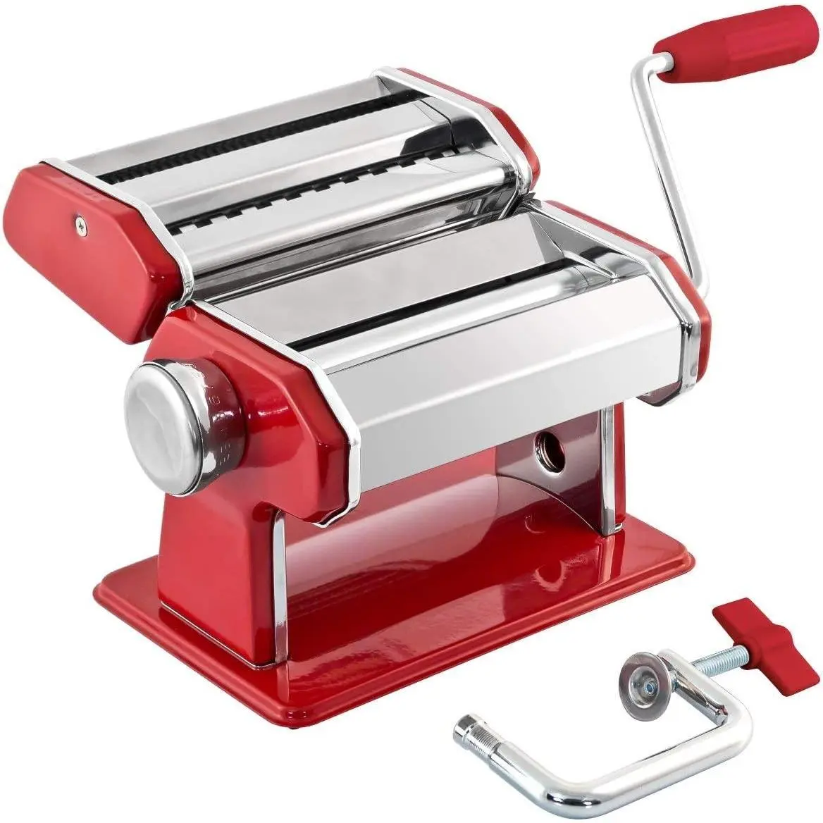 Stainless Steel Manual Pasta Maker Machine With Adjustable Thickness Settings Perfect for Professional Homemade Spaghetti and Fettuccini Includes Removable Handle and Clamp (Red)