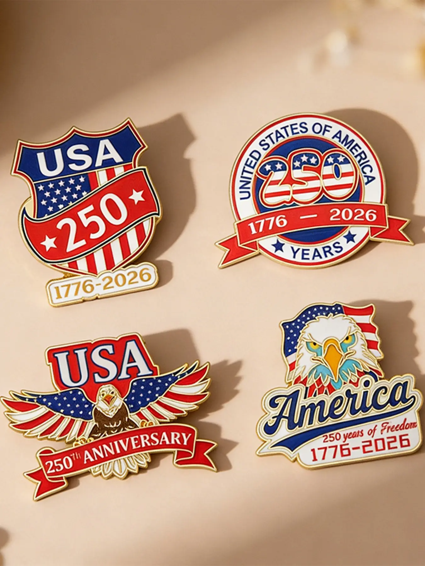 USA 250th Anniversary Enamel Pins – 4 Styles Flag Eagle Hard Enamel Badges, Patriotic Vintage Lapel Pin, Fashion Lapel Pin, For Clothing Backpack Bag Charm Decor & Independence Day Souvenir