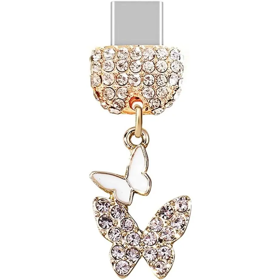 TP274 Alloy Type-C USB Anti-Dust Plug with 1.6cm Little Double Butterflies Charm for iPhone 15/16, Android Smartphones, Metal Mobile Accessory for Smartphone Users