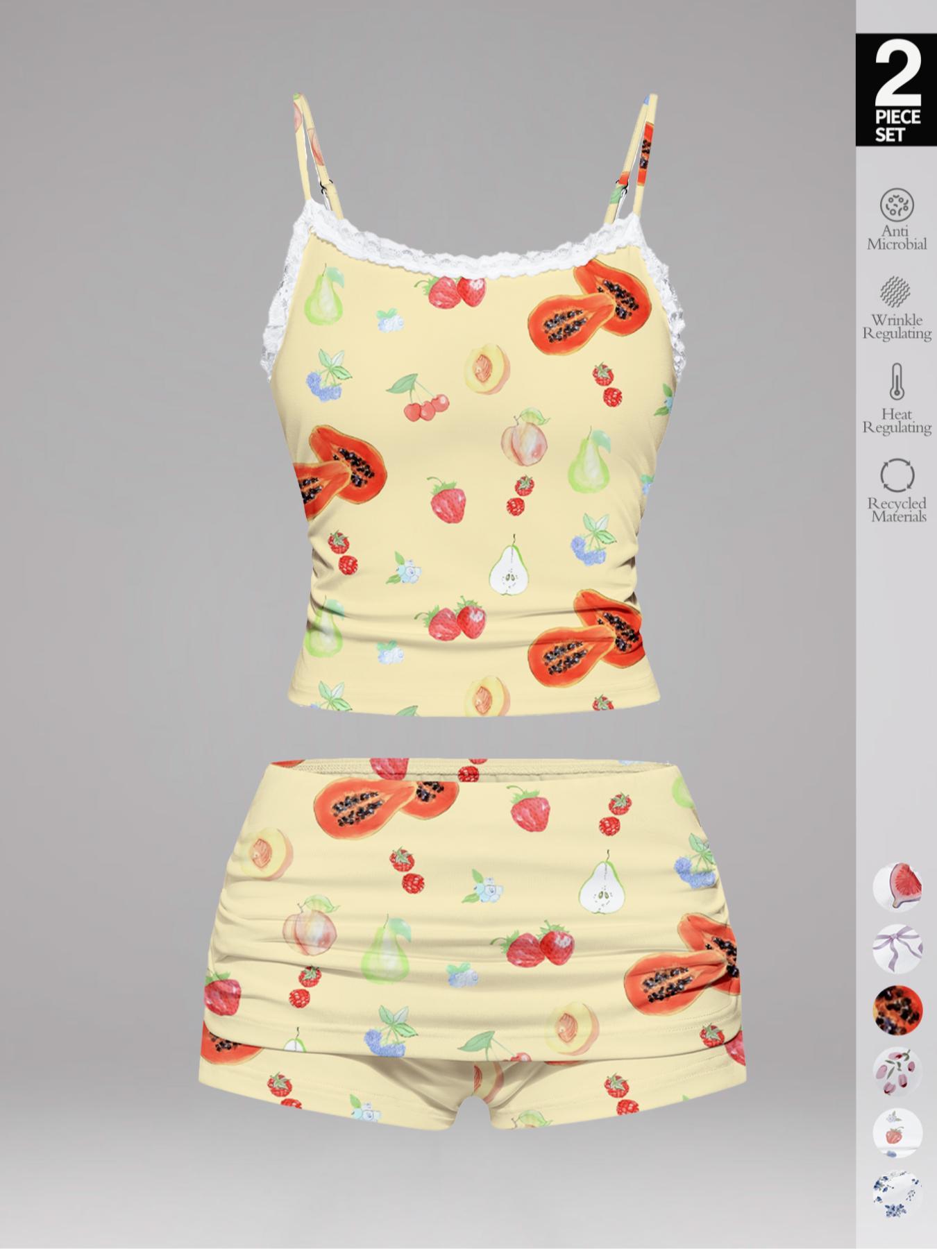 Women's Cherry Print Floral Cami Top & Shorts Pyjama, Casual Comfy Ruffle Trim Camisole & Shorts Pj Set, Ladies Sleepwear for Summer, Pajamas, Womenswear, Loungewear