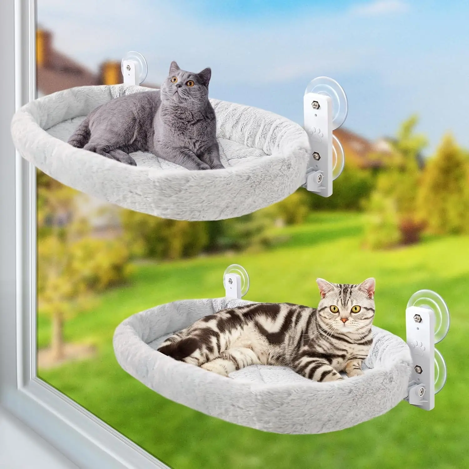 Set of 2 Foldable Cat Window Perch Hammock, Cordless Universal Fit Kitty Sunny Bed Seat, 21x11.8in Window Sill Shelf for Inside Cats with 4 Strong Suction Cups, Soft Plush Cover, Holds Up to 40lbs (Grey), Set Of Two