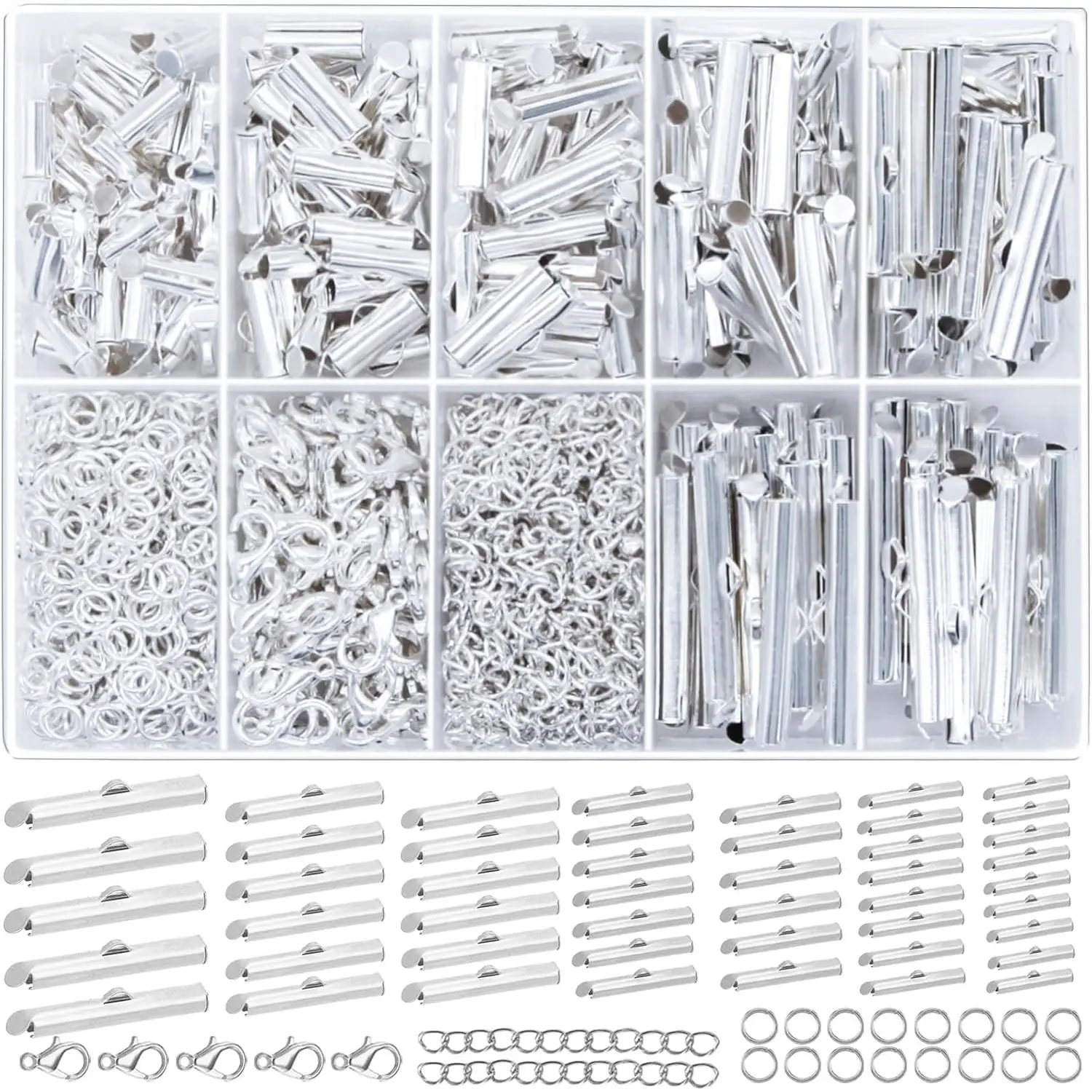 Slider Clasp Kit for Beading, Tube Slide Cord Ends with Lobster Clasp, Chain Extender,  Findings for Beading Necklace Bracelet Making (6 Sizes, Bright , 540 count)