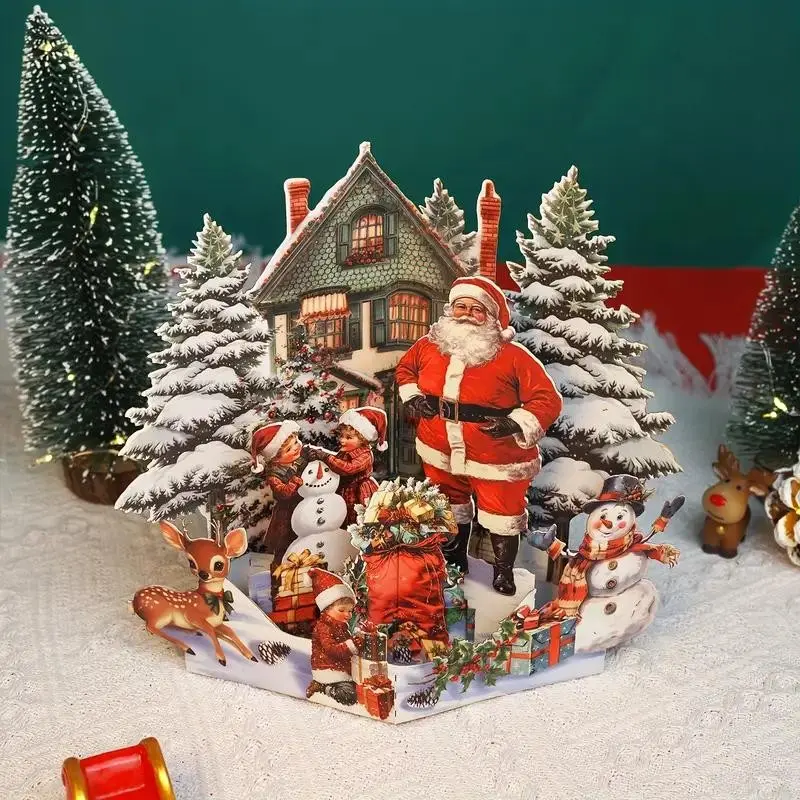3D Pop-Up Christmas Card – Retro House Scene with Santa, Snowman & Gingerbread Figures | Lifting-Lid Paper Folding Design, Lush Trees & Snowy Winter Wonderland | Includes Envelope | Funny & Cute Holiday Greeting Card, DIY Keepsake Gift, Mini Xmas Party Fa