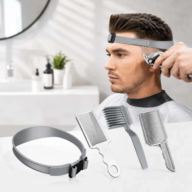 Haircut Tool Set 4 Piece, Arc Comb, Clipper Flat Brush, Adjustable Silicone Hairband, Home & Salon Use, Adult & Kids DIY, Barber Haircut Kit, Hair Tools Kit