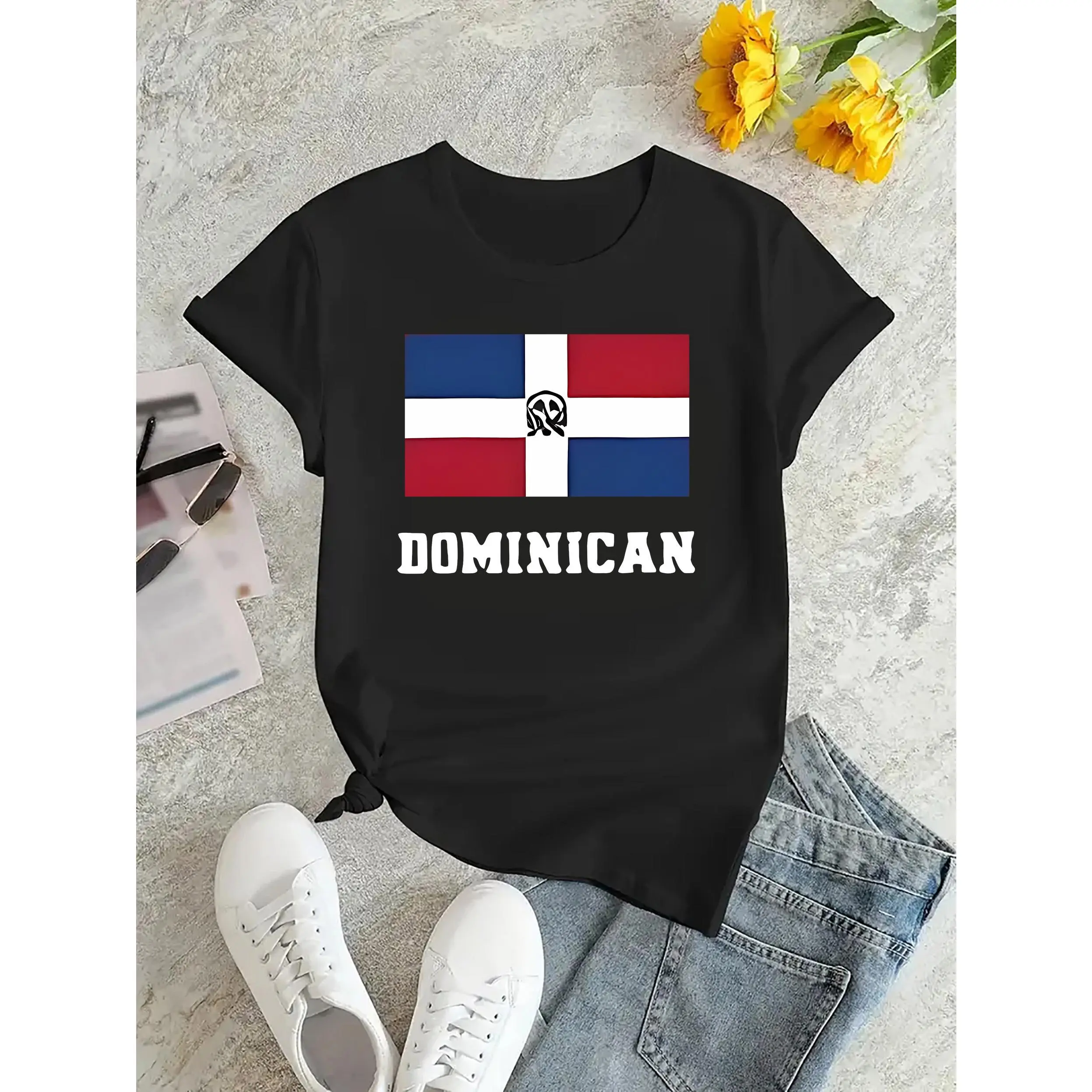 Women's Short-Sleeve Crew Neck T-Shirt - Dominican Republic Flag Graphic, Medium-Stretch Polyester-Elastane Knit, All Seasons, Machine Wash, Do Not Dry Clean