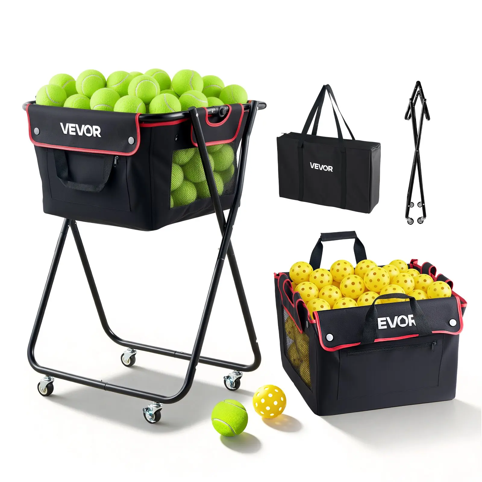 VEVOR Foldable Multi-Sport Ball Hopper with 360° Locking Wheels, Holds 175 Tennis Balls or 290 Pickleballs, Portable Cart Caddy with Storage Bag for Adults, Clubs, Schools Training Coaching, 175 Balls
