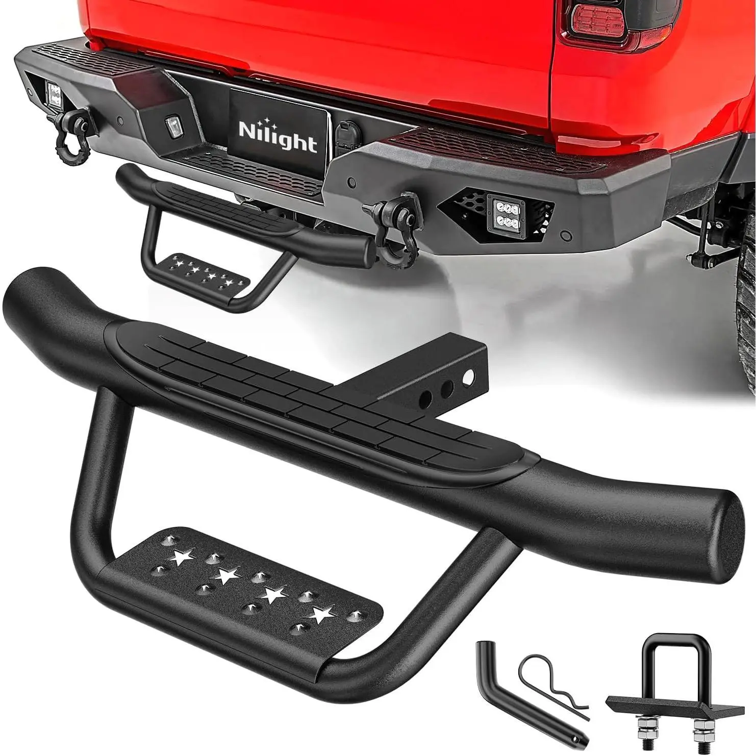 Nilight Foldable Rear Bumper Guard Car Accessory - 2-in Receiver Step, Universal Pickup Truck Tailgate Ladder, 1x5/8-in Pin, Rust-Resistant Coating, Non-Slip Mat, High Weight Capacity, Plug-In Automotive/Vehicle Accessory for Off-Road Vehicles