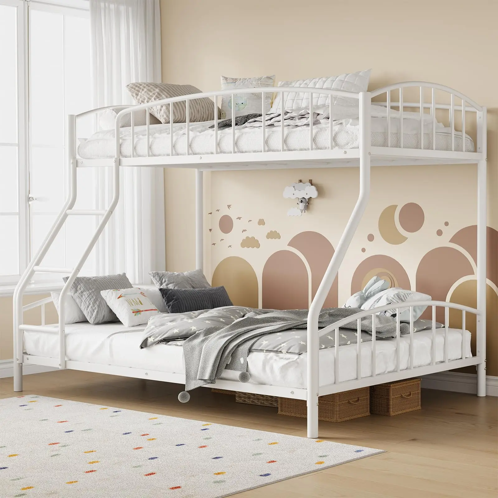 Garvee Twin over Full Bunk Bed with Ladder and Arched Guardrail, Heavy Duty Steel Frame with Sturdy Slat Support, Space-Saving Design, No Box Spring Needed, White Finish