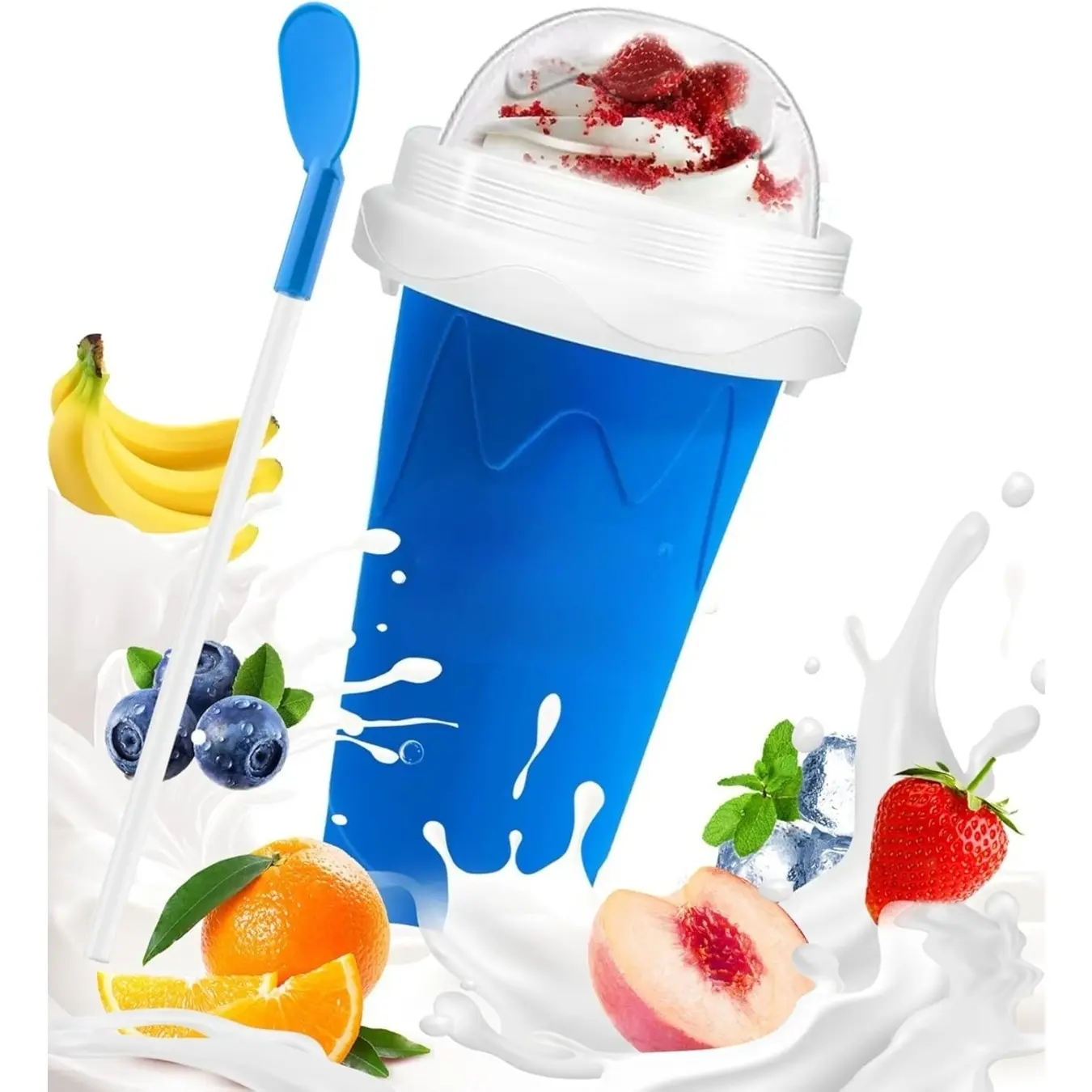 Slushie Cup,Quick Magic Cup, Portable Double Layers Cool Slushee Maker For Milk Shake, Juice, Ice Cream Make & More, Super Fun and Cool Stuff Present For Friends & Family, Utensils - Blue & Pink, Silicone