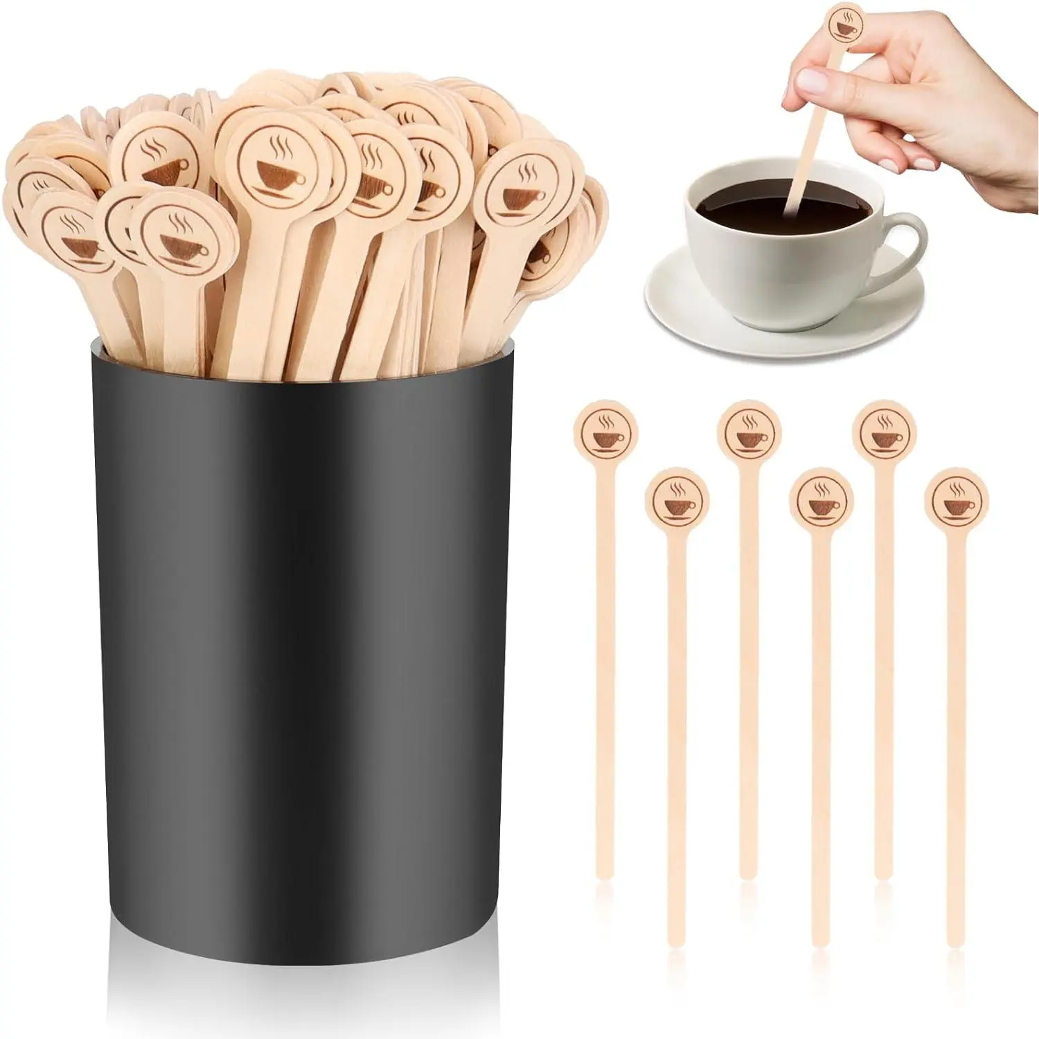 100 PCS Coffee Stirrer and Holder Set 6 inch Wooden Coffee Stirrers with Round Ends Disposable Coffee Stir Sticks Beverage Stirrer Sticks Plastic Drink Stirrer Holder for Cafe Drink Stations Bar