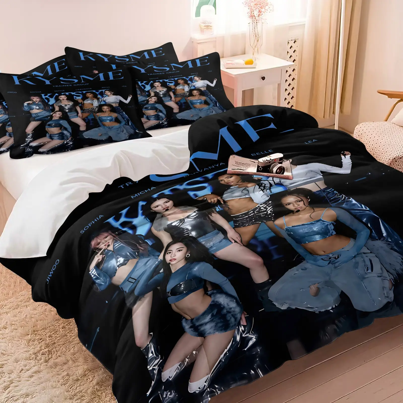 Korean Girl Group Duvet Cover Set, 1 Duvet Cover and 1-2 Coreless Pillowcases, Black Base and Ice Blue Glow Color High-Definition Stage Portrait, Soft Breathable Bedding, Fan Support Bedroom Decor
