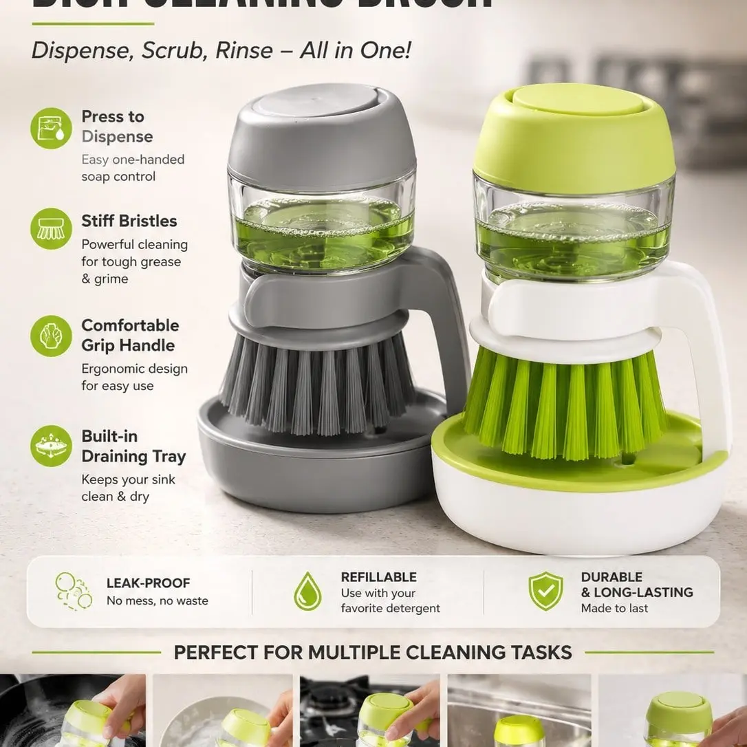 Refillable Automatic Soap Dispensing Dish Brush, Multi-Purpose Durable Stiff Bristle Scrub Brush, Essential Cleaning Tool for Kitchen & Outdoor Use
