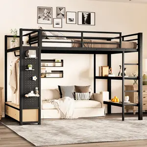 ARCH Full Size Loft Bed Frame with Wardrobe, Metal Loft Bed with Storage Shelves and Pegboard, Black, Heavy Duty, Space Saving, for Kids Teens Adults Bedroom, No Box Spring Needed, Bedroom Furniture for Bedroom, Guest Room, Kids Room, Teen Room