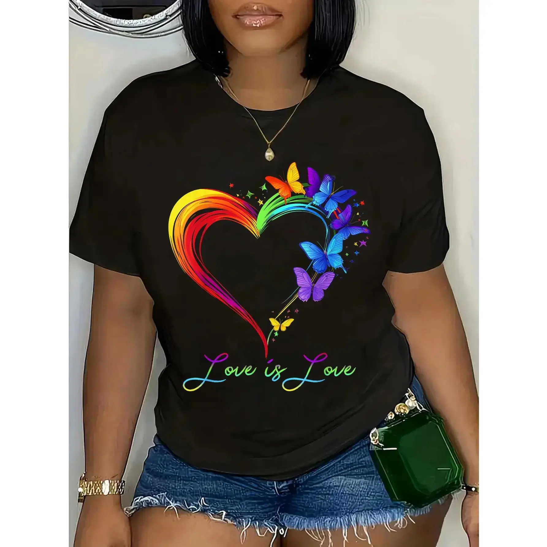 LGBT Pride Statement T-Shirt, Casual Cotton Tee with Butterfly Rainbow Love Is Love Heart Graphic for Everyday Wear, Top, Tshirt, Supporting Lgbt Community, Butterflies, Colorful, Shortsleeve, Comfortable, Piece, Plus Size, Round Neck, Crew Neck, Short Sl