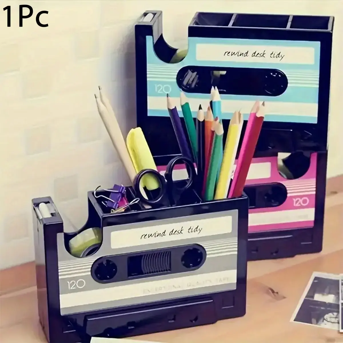 Retro Cassette Tape Desk Organizer with Tape Dispenser Pen Holder Storage Box, Desk Accessories, Office Desk Accessory, Multi-Function Desktop for School Office Home Holds Pens Scissors Clips Easy Access Gift Idea Back to School Supplies (No stationery)