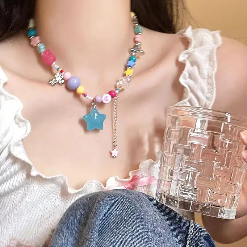 Women's Candy-Colored Dopamine Beaded Collarbone Chain Jewelry Necklaces - Versatile Niche Design, Sweet-Cool Internet-Famous Costume Accessory, # Colorful Beaded Necklace, 1#Colorful Candy Necklace