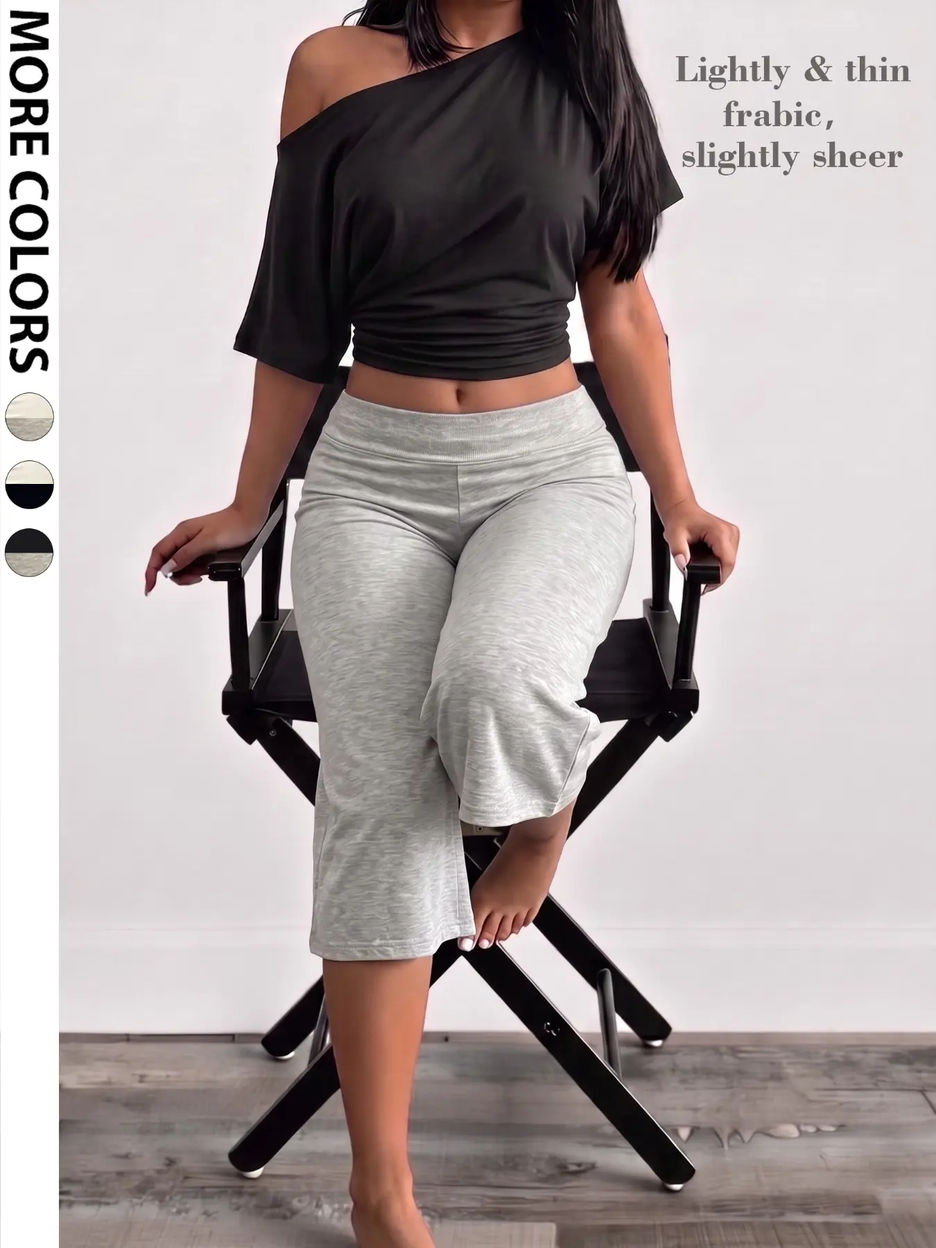Women 2 Piece Sets Off‑Shoulder Short Sleeve Crop Top & Capri Flare Pants Outfit, Slanted One‑Shoulder Ruched Cropped Blouse, Thin Slightly Sheer Soft Stretchy Fabric, High Waist Mid‑Calf Flared Trousers, Trendy Casual Loungewear