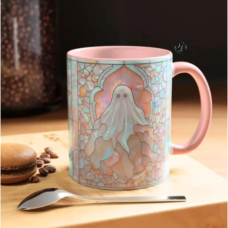 Spooky Ghost Faux Stained Glass Ceramic Coffee Mug, Cute Creepy Pastel Goth Halloween Mosaic Tea Cup, Witchcore Dark Cottagecore Gift For Ghost Lovers Halloween Party Hostess Birthday Galentine Fall Housewarming Present