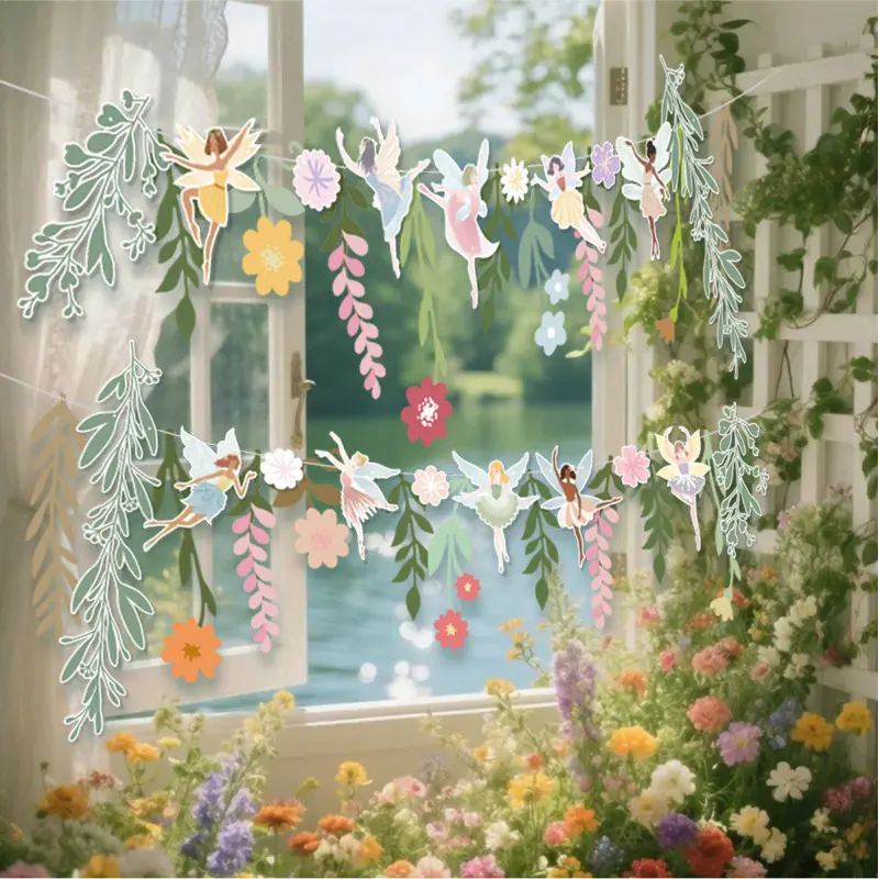 2PCS Fairy Flower Banner Garland, Floral Elf Paper Bunting Banner with Wildflowers Leaves, Fairy Themed Party Decorations for Girls Birthday Baby Shower Tea Party Backdrop Supplies, Flower Print Banner