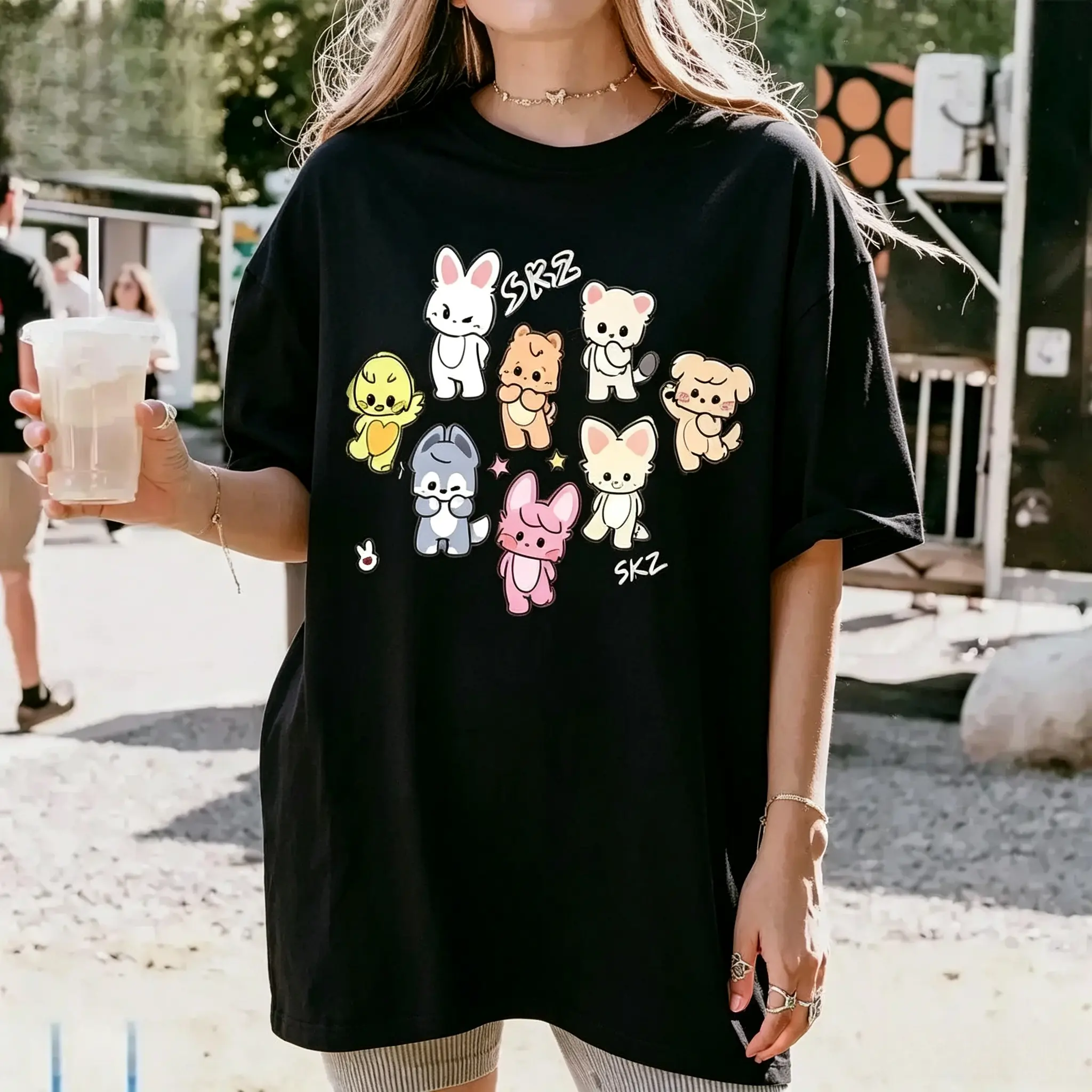 SKZ Cute Chibi Animals Cotton Short-Sleeve Unisex K-Pop Fan Cream Sports Tee, Casual Outdoor Tops