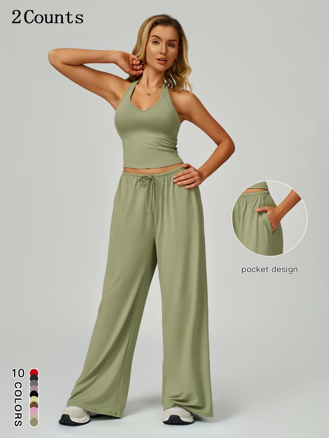 Women's Solid Crop Tank Top & Wide Leg Pants Set, Casual V Neck Sleeveless Top & Trousers for Daily Outdoor Wear, Ladies Sportswear for Summer Sports, Yoga and Airport Outfits, Gym Outfit