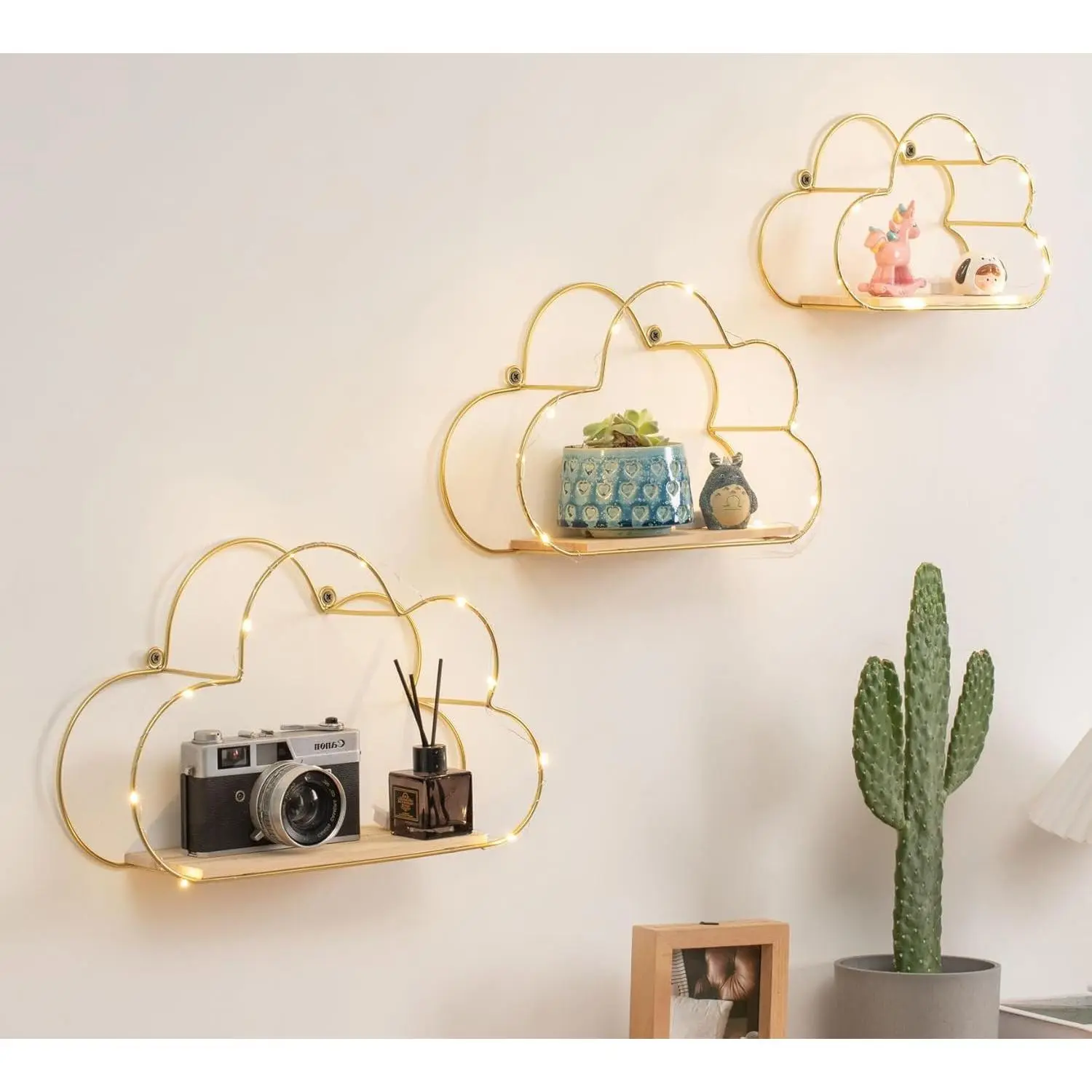 Chic Golden Cloud Shape Floating Shelves with LED Lights - Gold Metal Wire & Wood Base Set Pack, Small Space & Blank Wall Decor Solutions, Wall-Mounted Device for Home Bedroom (Set of 3)