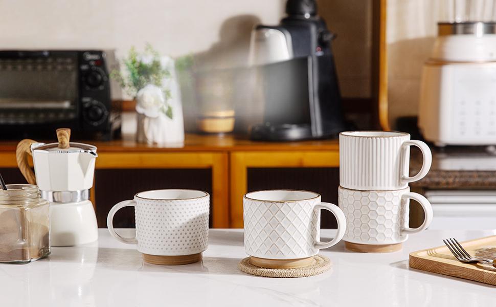 12OZ Stackable Coffee Mugs, Ceramic Coffee Mugs with Texture Patterns for Man,Woman,Dad,Mom, Modern Coffee Mugs Set of 4 for Latte/Cappuccino/Cocoa.Dishwasher&Microwave Safe, Off White 12OZ Stackable Coffee Mugs, Ceramic Coffee Mugs with Texture Patterns for Man,Woman,Dad,Mom, Modern Coffee Mugs Set of 4 for Latte/Cappuccino/Cocoa.Dishwasher&Microwave Safe, Off White