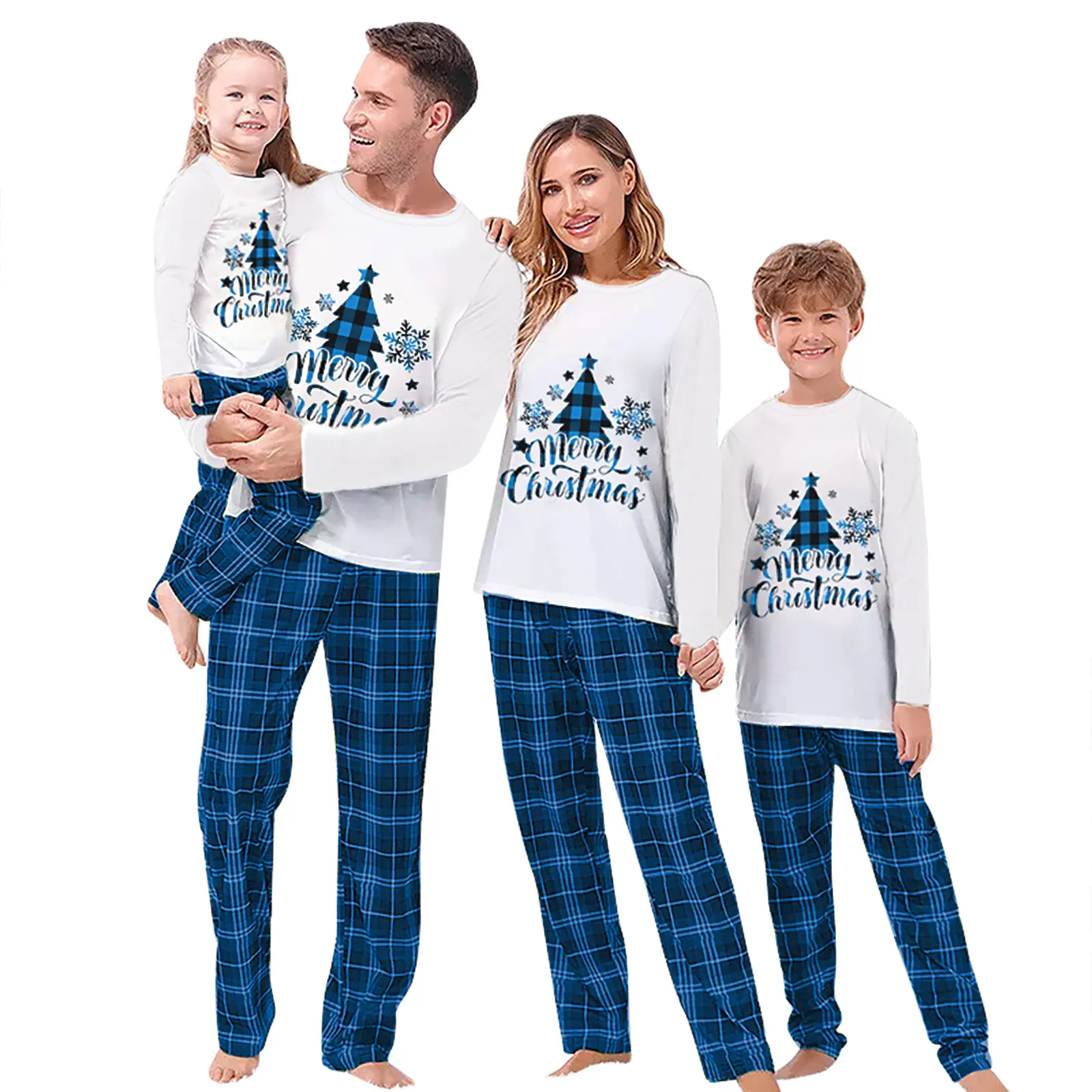 Family Matching Christmas Pajamas Christmas Tree&Letter Print Long-Sleeved Tops Plaid Trousers Sleepwear Outfits