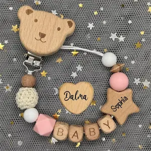 NEW Custom Name Wooden Personalized Baby Pacifier Chain Beech Bead Dummy Nipple Holder Guard Teether Pendant Newborn Mother Gift