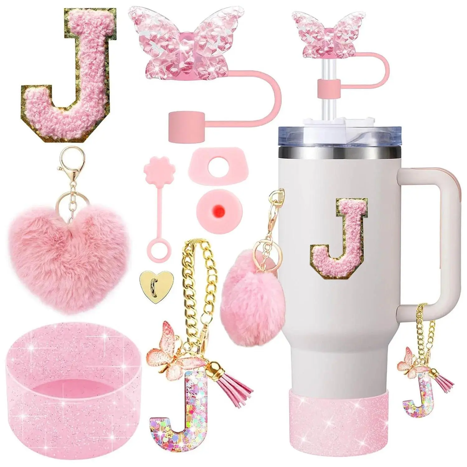 9PCS Cup Accessory Set for Stanley 30oz 40oz Butterfly Straw Cover Cap Silicone Boot Charm Initials Sticker Spill Proof Stopper