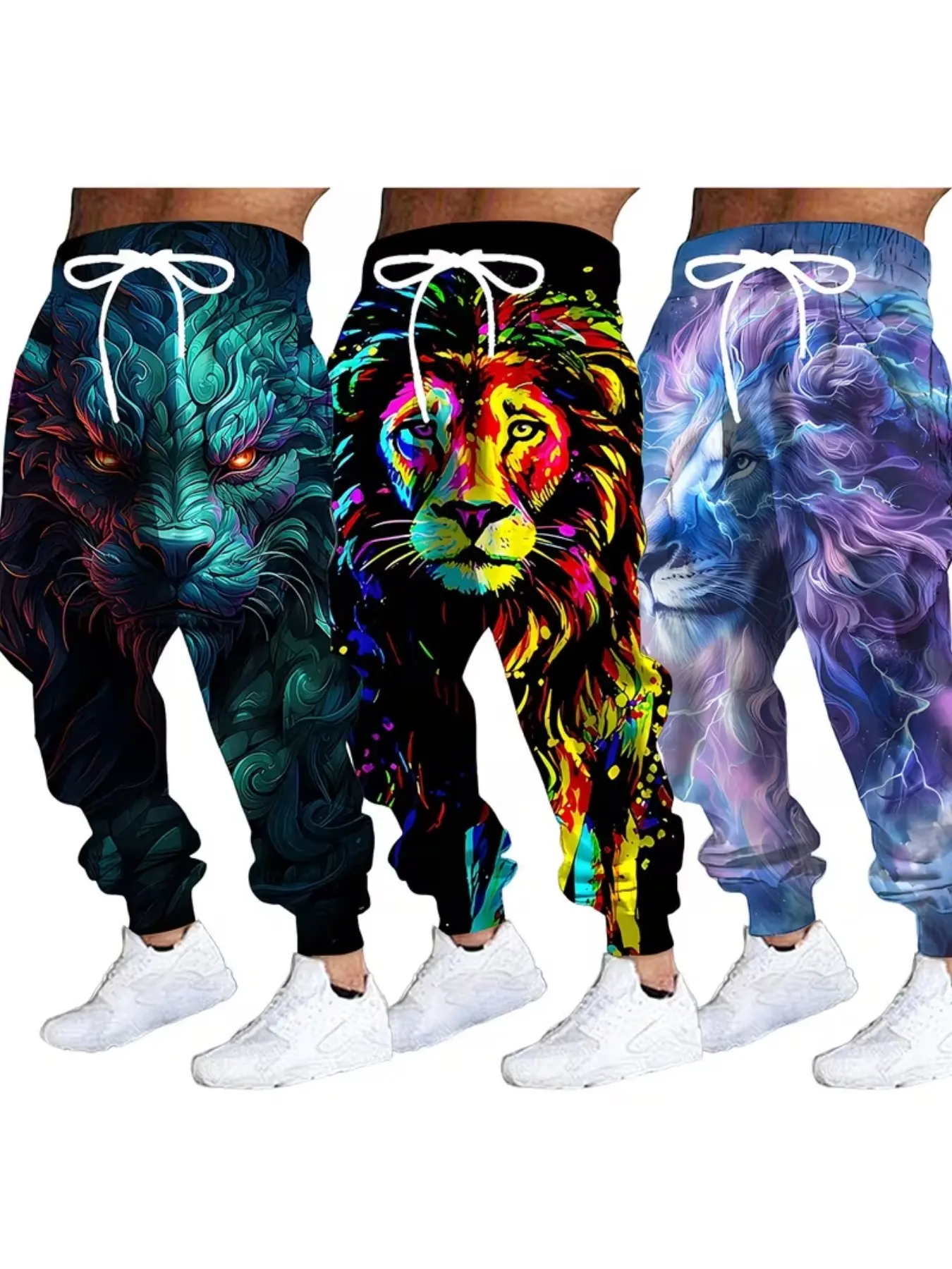 Men's 3D Lion Print Sweatpants Set, 3 Pcs, Drawstring & Pockets, Fall Winter Casual, Elastic Knit, Regular Fit, All over Print