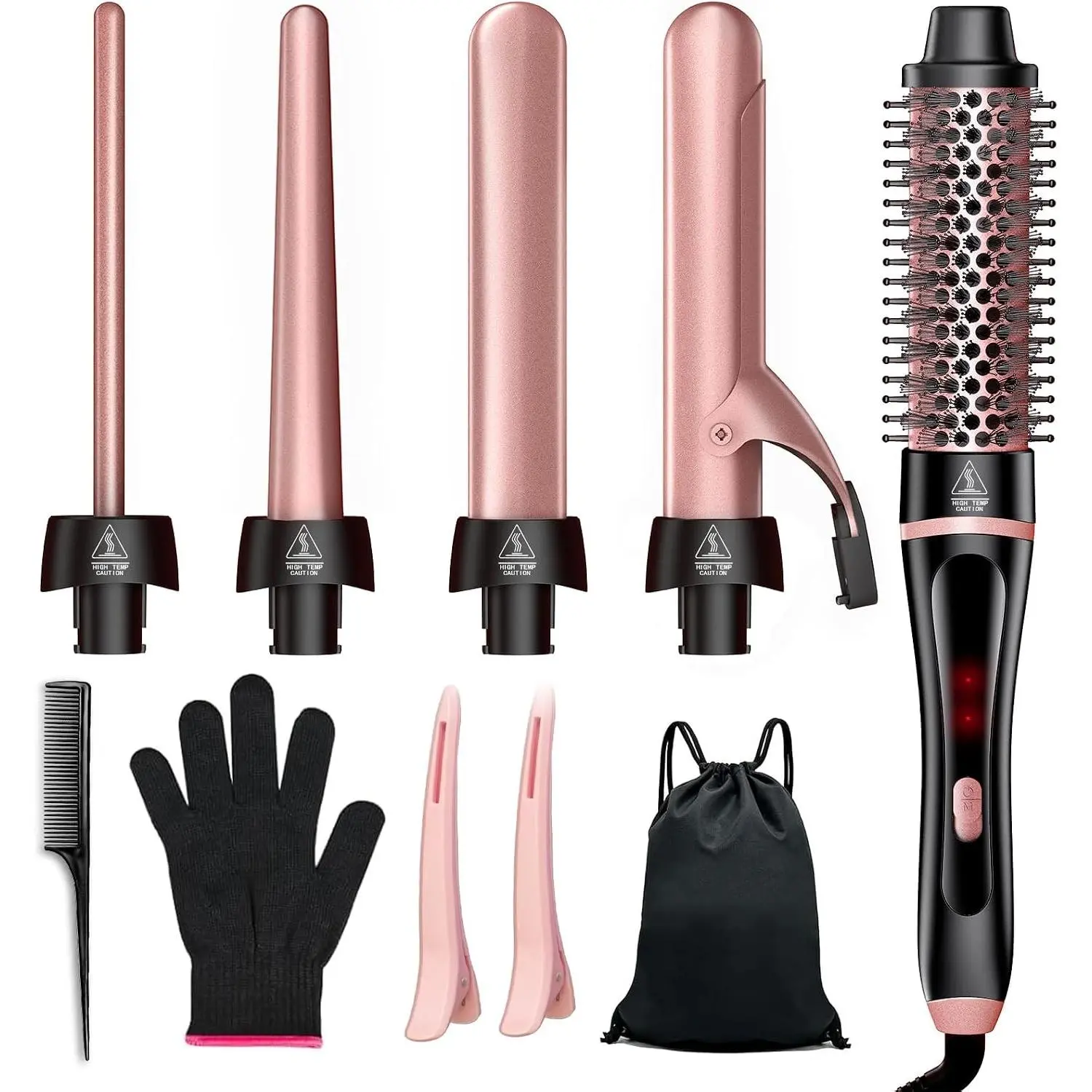 5 in 1 Curling Iron & Thermal Brush Set with 4 Interchangeable Ceramic Barrels (0.35”-1.25”) Fast Heat Dual Voltage Travel Hair Tools Birthday Gift for Women - Hair Curler Wand Kit for Curls & BlowoutGift