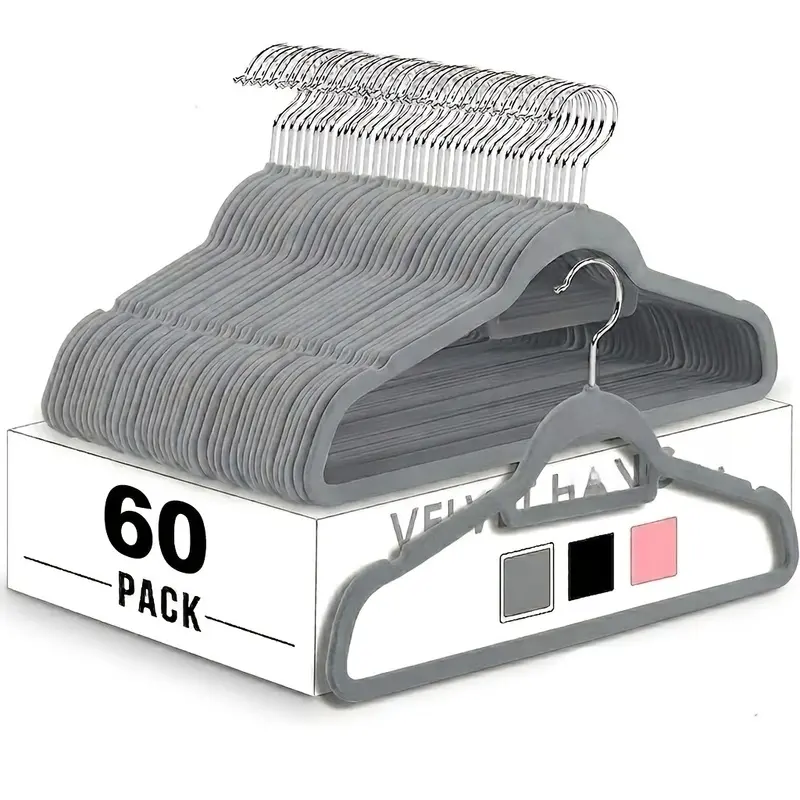 60-Pack Gray Velvet Slim Profile Clothing Hangers, Non-Slip No-Mark Plastic Organiser for Hanging Shirts, Suits, Jackets, Sweaters, Bedroom Closet & Home Organization Solutions, Contoured Shape, Velvet Plastic