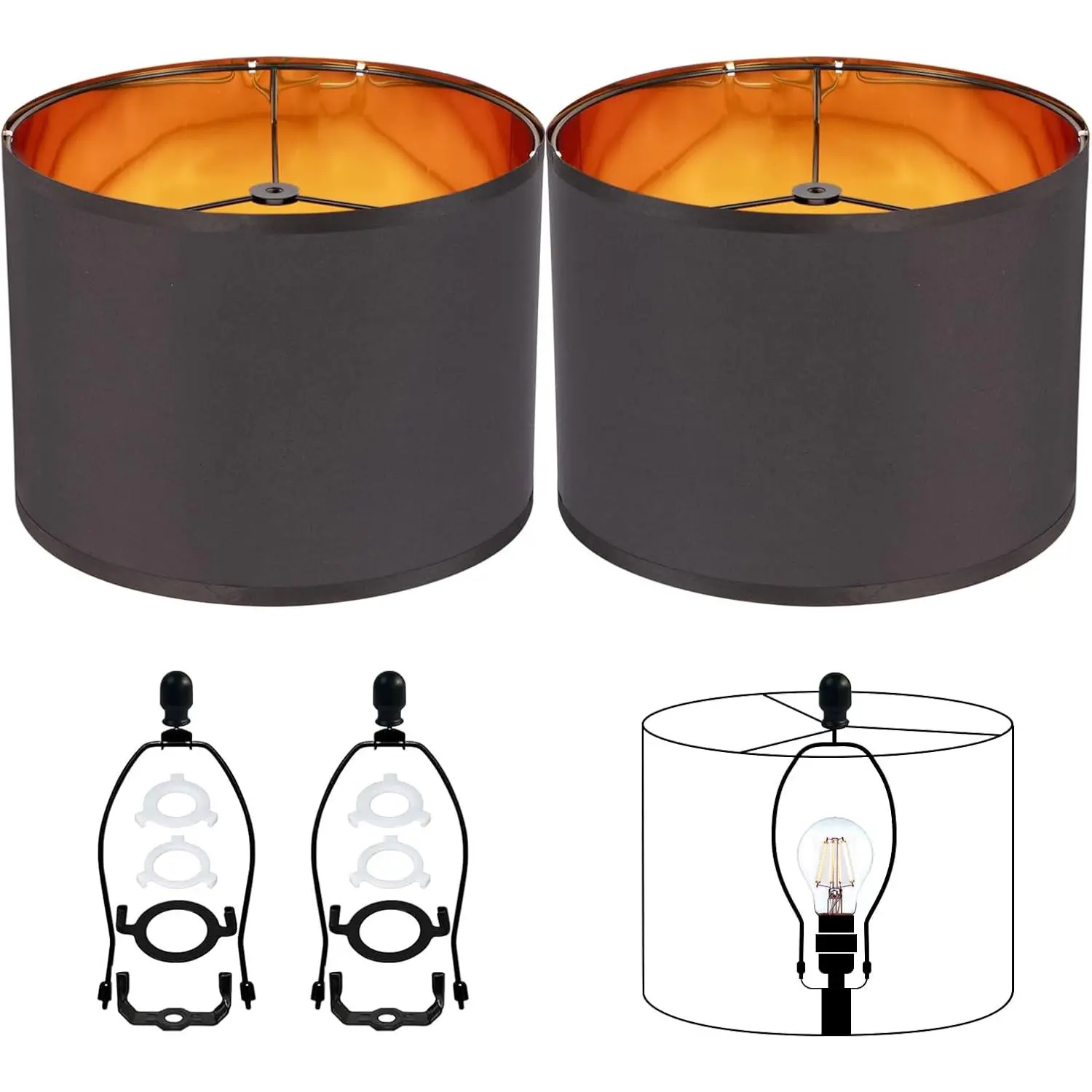 Handmade Urban Decorative Drum Lamp Shades (Set of 2, 12-In) - Black Fabric with Gold Lining for Table Lamps & Chandeliers, DIY Assembly, Harps Included, Modern Farmhouse-Minimalist Design, Medieval