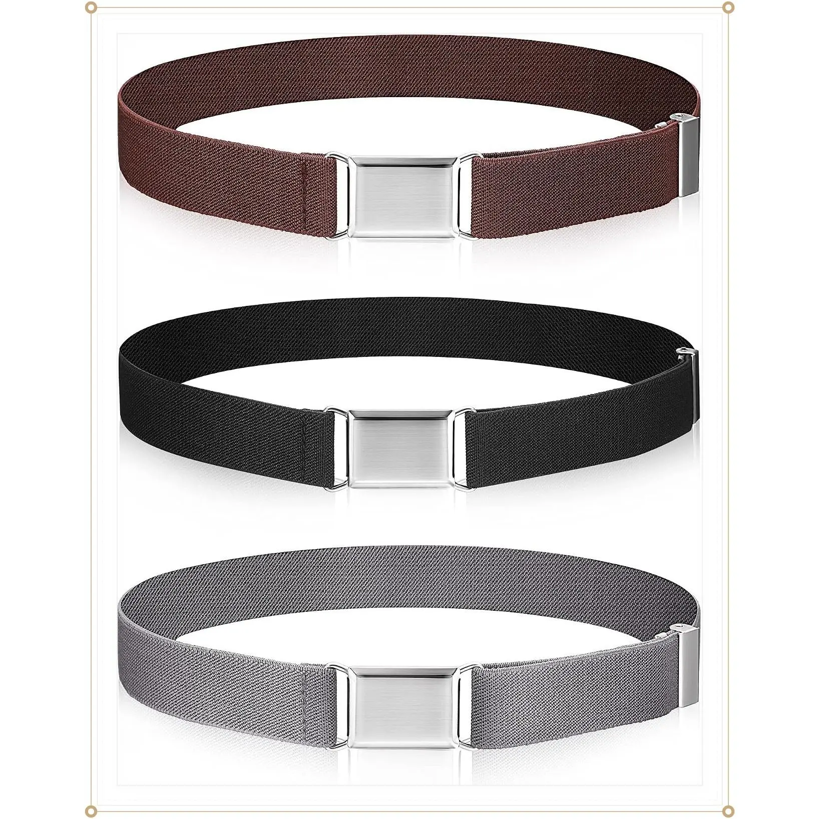 3 Pieces Kids Elastic Adjustable Stretch Belts with Silver Square Buckle for Boys Girls Pants Uniform JeansGift