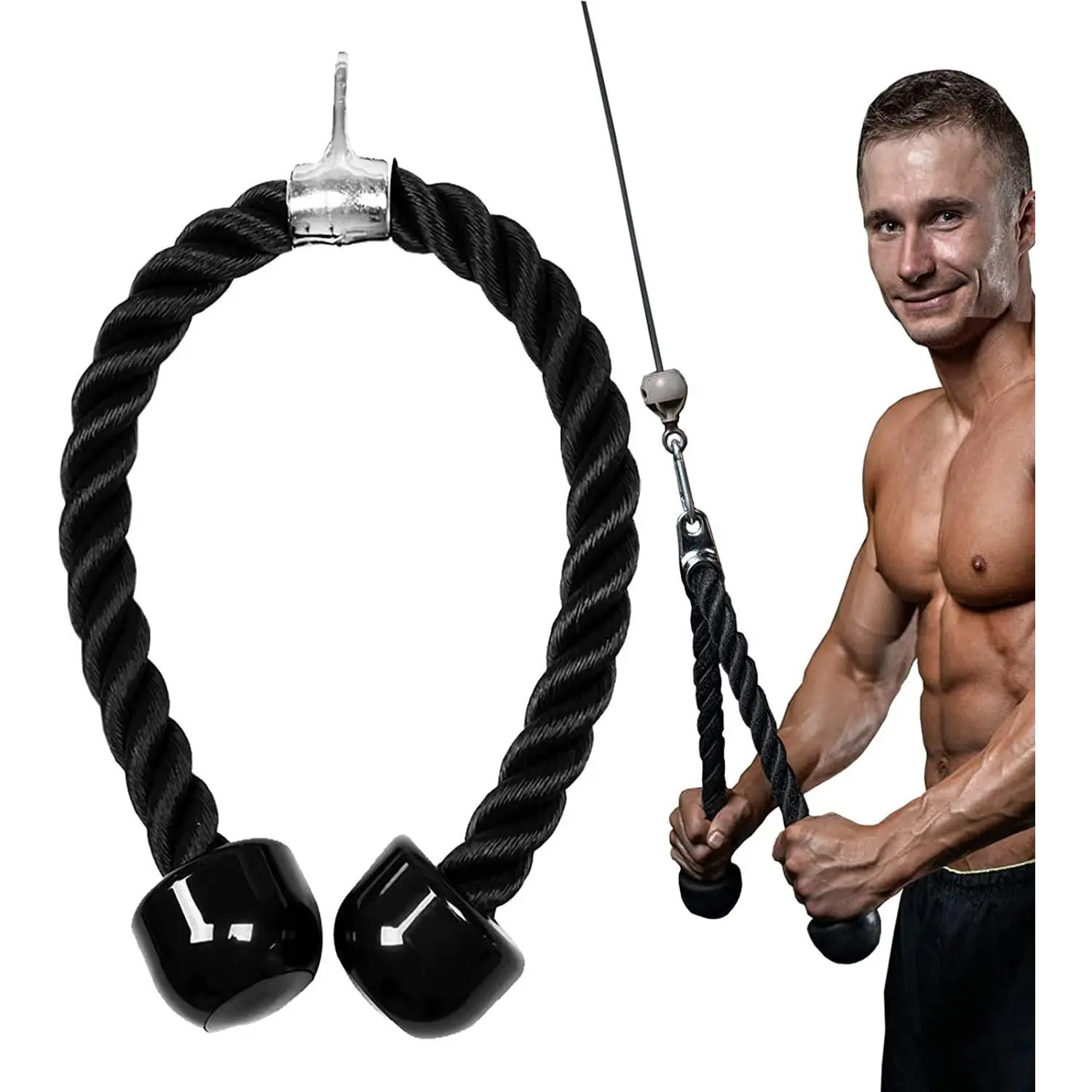 Heavy-Duty Braided Nylon Tricep Rope - 27in Cable Machine Attachment, Gym Accessories, Tricep Pull Down Attachment, Workout Equipment with Non-Slip Rubber Stoppers, Universal Fit for Home Gym Strength Training Pushdowns, Nylon Braided