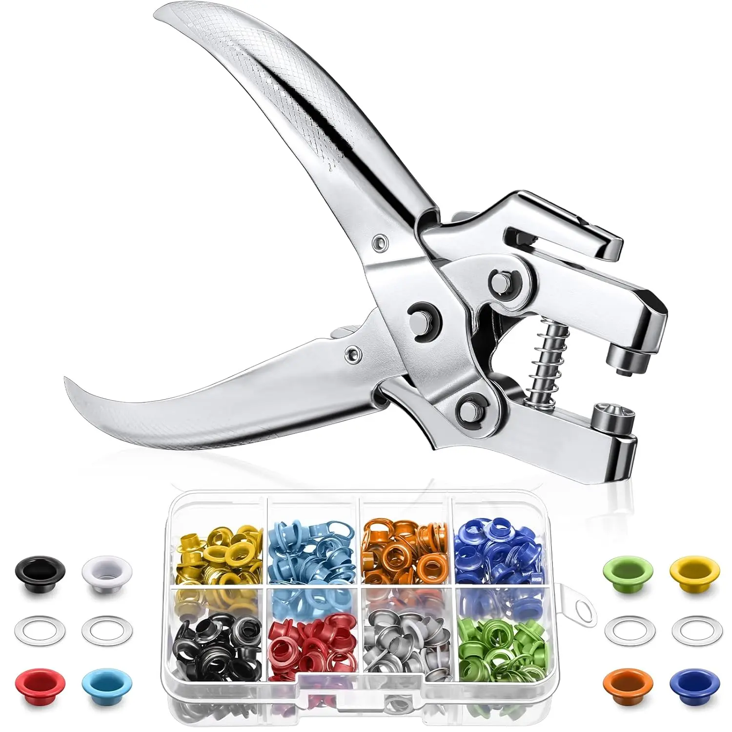 3/16 Inch Sturdy Metal Grommet Tool Kit with Bend Grip Eyelet Plier Set, Hand Press Pliers, 200 Multicolor Eyelets for Shoes Bags, Clothes